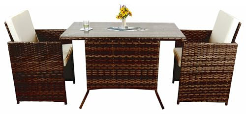 VCM 3-TLG Gartenmöbel Set | Sitzgruppe Essgruppe | 1xTisch, 2X Stühle | Tisch Maße ca. H. 74 x B. 114 x T. 64 cm | Rattan | Garten Set - Raloso Braun