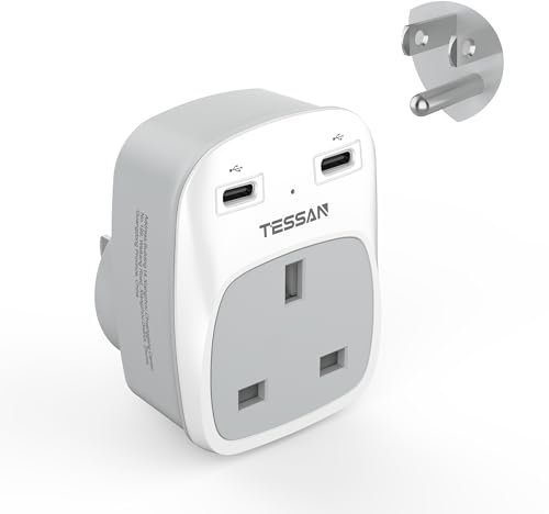 UK to US Plug Adaptor, TESSAN USA Travel Adapter with 2 USB C, 3 in 1 UK to USA Adapter, Type B Plug for Canada, Thailand, Mexico