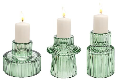 3er Windlicht Glas Set,2-in-1 Grün Teelichthalter Kerzenständer,Kerzenhalter Stabkerze Votivkerzenhalter für Deko Wohnzimmer,Teelicht Weihnachten Tischdeko,Hochzeitsessen,Partylite