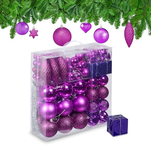 Relaxdays Set da 110 Palline di Natale, Addobbi Natalizi, Palle Opache, Lucide, Glitter, in Plastica, Decorazioni, Viola
