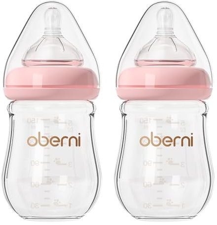 Oberni Babyflaschen aus Glas mit Silikon Sauger Größe 1, Milchflasche Weiter Öffnung, Babyflasche mit Anti-Colic-Ventil für Neugeborene Babys ab 0+ Monate, 150ml, Rosa, 2 Stück