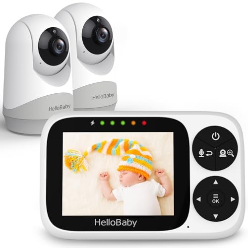 HelloBaby Video Baby Monitor with 2 Cameras and Night Vision, 3.2 IPS Screen Baby Camera Monitor No WiFi, VOX Temperature Display, Pan-Tilt-Zoom, 2 Way Talk, Lullaby Feeding Alarm and 1000ft Range