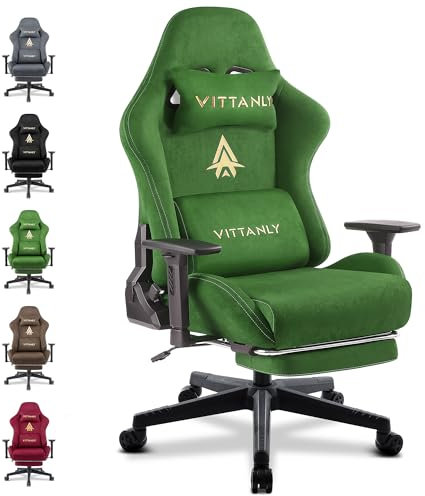 Vittanly Gaming Stuhl, Luxuriöser Wildlederimitat Gaming Chair Bürostuhl, Ergonomischer Schreibtischstuhl mit Fußstütze Kopfstütze und Lendenkissen, 3D Armlehnen, 90-155° Rückenlehne, Grün
