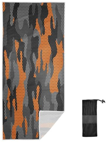 Ksajwzf Strandtuch, Camouflage, schnell trocknend, für Reisen, Schwimmen, Pool, Yoga, Fitnessstudio, Sport, Camping, Urlaub, Orange / Schwarz