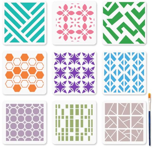 MAYJOYDIY 9 Stil Geometrische Schablonen 15 × 15cm Ziegel Waben Kunstschablone Für Bastelarbeiten Blumen Und Stern Malvorlagen Mit Pinsel Für Boden Wand Fliesen Stoff Und Möbeldekoration