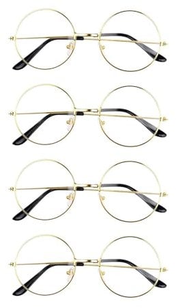 Ycfish 4 Pairs Round Glasses, Gold Vintage Glasses Metal Glasses Frame, Retro Clear Lens Glasses, Classic Vintage Design Round Glasses Unisex Costume Accessories for Teenagers and Adults