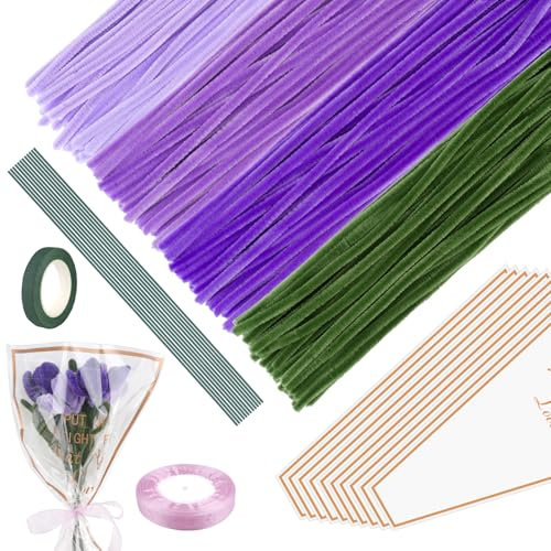 Pfeifenreiniger Blumen Set, 171 Stück Pfeifenputzer zum Basteln, Tulpe Blumenstrauß Pfeifenreiniger mit Blumendraht, Chenilledraht, Schleifenband, Geschenkpapier für DIY Blumen