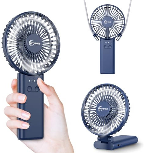 WITHOUSE Ventilador de mano, potentes ventiladores portátiles 2025, 20 horas de tiempo de trabajo, 5000 mAh, plegable en 180°, 5 velocidades, ventilador 3 en 1 de mano/escritorio/cuello, regalos