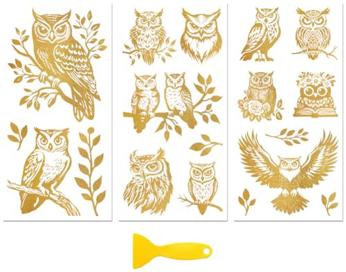 Peacoblue Aufkleber für Möbel 3Pcs Goldene Eule 15cmx30cm, UV DTF Wasserdichter Japanischer Möbelfolie-Transfer für Kommoden, Glas, Porzellan, Holz, Kunststoff