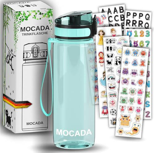 MOCADA Trinkflasche Kinder 500ml – Kinder trinkflasche Kohlensäure geeignet – Wasserflasche kinder auslaufsicher, Trinkflasche Schule & Kindergarten, spülmaschinenfeste - 216 Stickern, BPA frei (Blau)