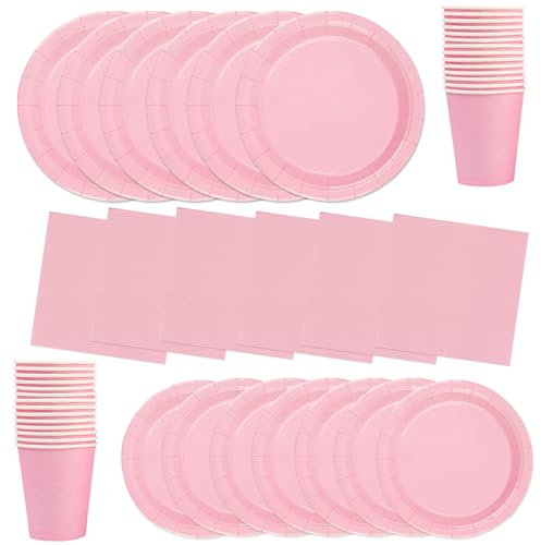 Lot de 64 pièces de vaisselle de fête, rose clair, avec assiettes, serviettes, gobelets et assiettes à dessert, convient pour les fêtes d'enfants, les anniversaires, la décoration des enfants, les