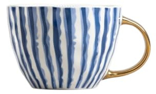 HOMLA ARWAL Becher, blau gestreift, 0,45L, Porzellan, modernes Design, goldener Griff