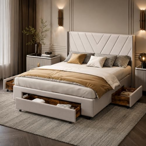 BRILVERDE Lit Double 160x200cm avec 3 tiroirs en Bois Massif, lit Adulte avec sommier à Lattes, lit tapissé avec rangements, Linge Beige Confortable