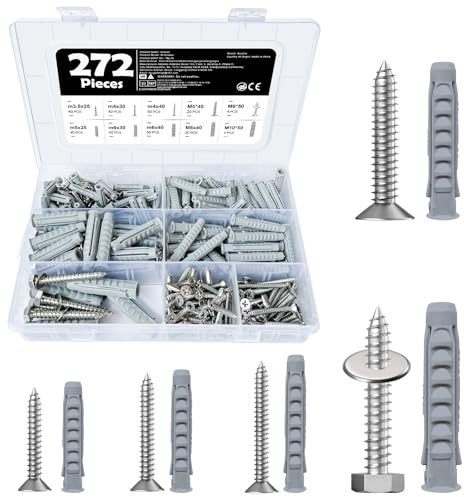 272 Pcs Screws and Wall Plugs Set, 134 Pcs Masonry Screws & 134 Pcs Expansion Wall Plugs with 4 Pcs Washers, Self Tapping Screw and Wall Plug Assortment for Brick, Concrete, Plasterboard Fixings
