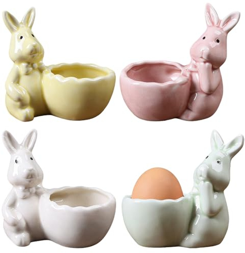 Yanrunce Set di 4 Portauovo in Ceramica a Forma di Coniglietto Pasquale, Portauovo in Porcellana, Portauova Eleganti per Tavola, Regalo per Natale, Pasqua, Compleanno, Famiglia e Amici