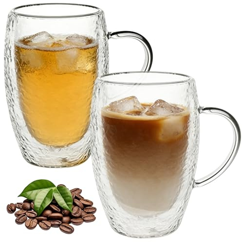Juego de 2 vasos de doble pared para latte macchiato, 450 ml, cristal de doble pared de borosilicato con asa, vasos de café para capuchino, latte, té, helado, té helado, Iced Americano, apto para