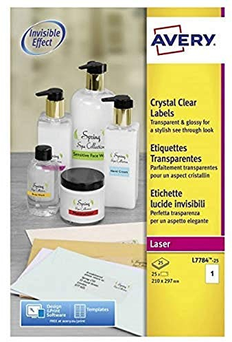 Avery Kristallklare Etiketten für Laserdrucker langlebig 1 pro Blatt 210 x 297 mm 25 Stück transparent