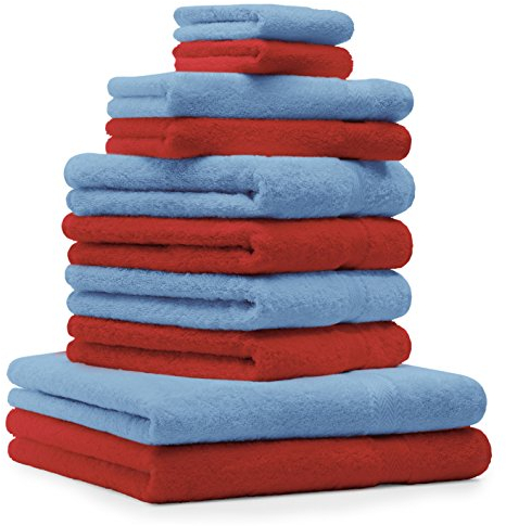 Betz 10-TLG. Handtuch-Set Premium 100% Baumwolle 2 Duschtücher 4 Handtücher 2 Gästetücher 2 Waschhandschuhe Farbe rot und hellblau