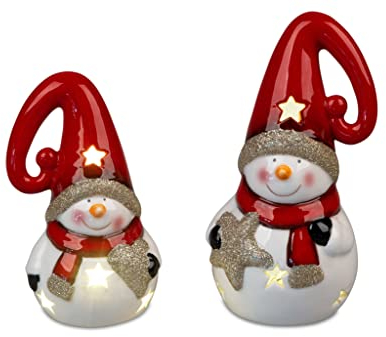 formano Schneemann Deko Figur aus Keramik LED Licht mit roter Zipfelmütze 14cm Winterzeit