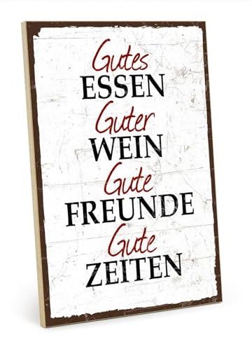 TypeStoff Holzschild mit Spruch – Essen Trinken Freunde – im Vintage-Look mit Zitat als Geschenk und Dekoration zum Thema Genuss und Küche - HS-00795