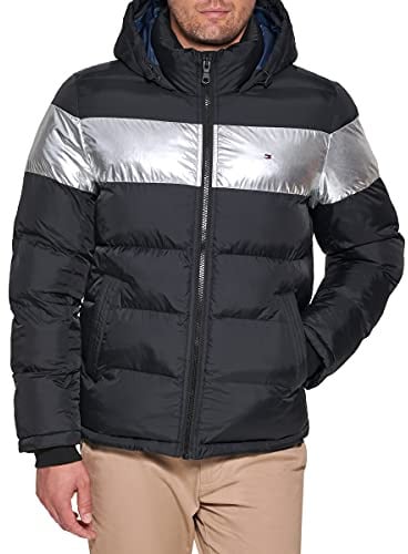 Tommy Hilfiger Men's Down Alternative Hooded Puffer Jacket (Standard and Big & Tall) Coat, Black Silver Stripe, XS