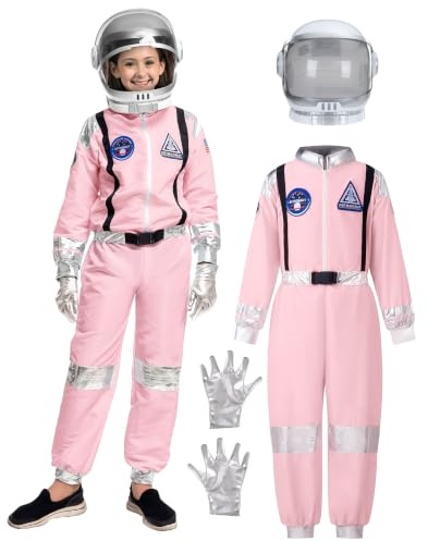 Spooktacular Creations Rosa Astronautenkostüm für Mädchen: Raumanzug mit Helm und Handschuhen. Kleinkind-Astronauten-Overall für Halloween und Cosplay.(Klein (5-7 Jahre))