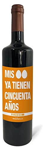 Regalo original. Botella de vino tinto Mis huevos ya tienen 50 años. 75cl.
