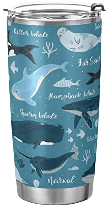 Marine Dolphin, Killer Whale, Narwhal Walrus Blue Ocean Water Tumbler with Lid and Straw, BPA-Free Vacuum Insulated Thermal Coffee Mug 20oz,Stainless Steel Double Wall Travel Cup Water Bottle