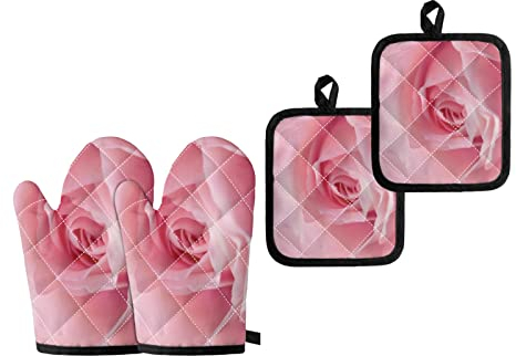 Dajingkj Lot de 4 gants de cuisine et maniques roses résistants à la chaleur et à la chaleur - Imprimé floral - Pour la cuisine, la pâtisserie, les grillades
