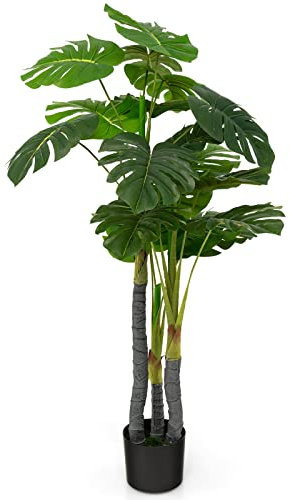 GOPLUS Monstera Artificiel de 121,9 cm, Plante Faux Monstera Deliciosa avec 20 Grandes Feuilles, 3 Troncs et Mousse Réaliste, Plante Décorative à Feuilles Persistantes avec Pot