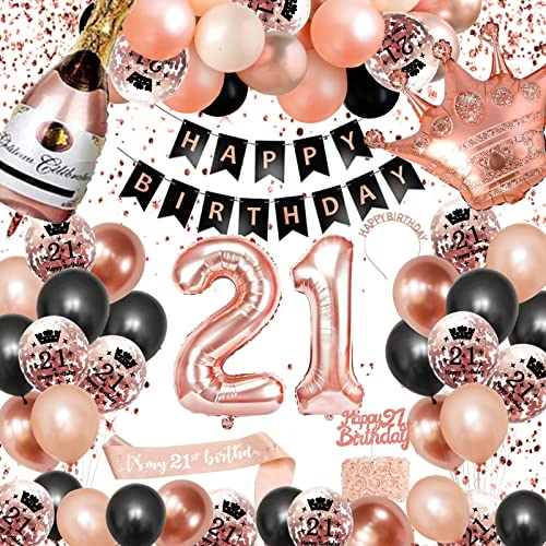 21. Geburtstag Dekorationen Mädchen, SWPEED Rosegold Schwarz Deko Set 21st Ballons Happy Birthday Banner Girlande Konfetti luftballon Frauen Mädchen 21 Geburtstag Party Deko Supplies