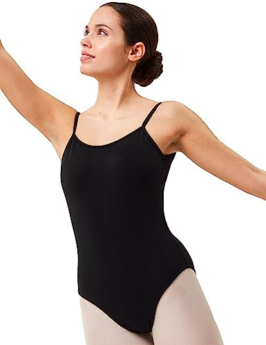 tanzmuster Ballett Trikot Damen Spaghettiträger - Nadine - BH-Pad-Einschub - tiefer Rücken mit geblümter Spitze - schwarz 36 - schwarzer Tanz Body aus Baumwolle - Ballettkleidung für Erwachsene