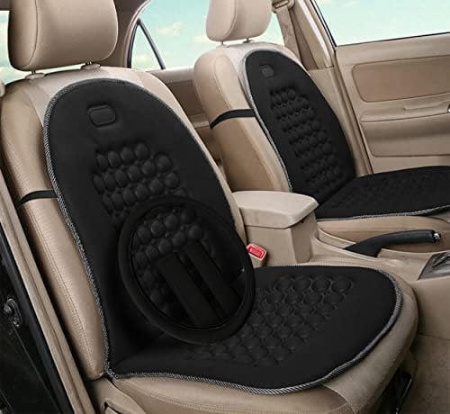 Auto Accessori Lupex - Coppia di schienali universali anteriori con coprivolante e 2 copri cintura, colore nero tessuto poliestere, per sedili auto, furgone, con 92 sfere massaggianti