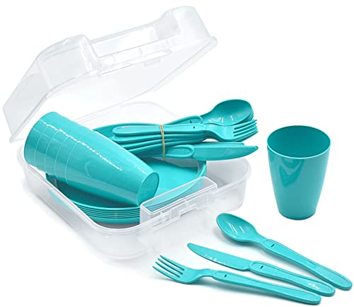 31-teiliges Picknick-Set, Picknickkorb und Mehrweggeschirr für 6 Personen, idealer Picknickkoffer für Camping, Strand, Wohnmobil, und Rucksackreisen (Türkis)