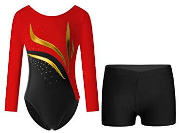 TiaoBug Mädchen Langarm Turnanzug Streifen Glitzer Gymnastikanzug mit Sport Shorts Sommer Kurze Hose Leggings Tights Ballett Tanz Outfit Rot schwarz A 122-128