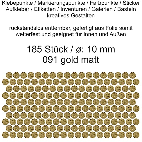 Aufkleber Etiketten Klebepunkte aus Folie 185 Stück gold matt rund 10 mm selbstklebend farbig wetterfest Decal Markierungen Organisieren DIY basteln verzieren Modellbau Scrapbooking