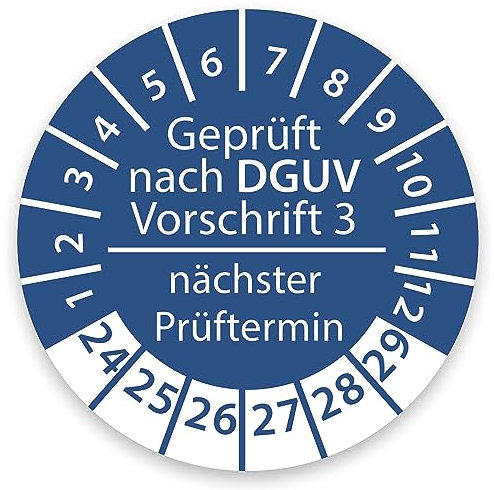 Prüfplakette DGUV V3 Nächster Prüftermin E-Check Elektro - 2024-2029 - Wasserfest/UV-Schutz - 30mm Plakette für Tritte Leitern Feuerlöscher Maschinen (100, DGUV V3 - Blau)