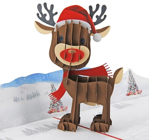 Favour Pop Up® - 3D Weihnachtskarte - eine lustige Weihnachtsgrußkarte mit dem kleinen Rentier in Winterlandschaft - ideal für Geldgeschenk oder Gutschein.