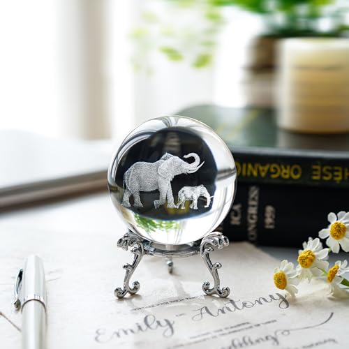 ZEERSHEE 60 mm 3D-Glaskugel mit Lasergravur, Motiv: Mutter und Sohn, Elefant, Kristallkugel mit Ständer, dekorative Kugel, Elefanten-Geschenke für Frauen