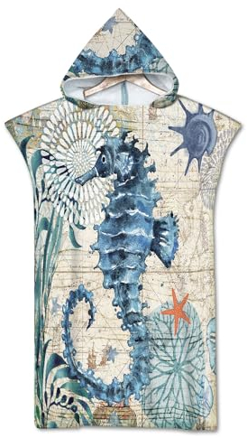 Rowjoy Strandtuch Poncho, Ozean Tier Drucken Surf Poncho, Blau Unterwasser Welt Strandtuch mit Kapuze, Handtuch Poncho Schnell Trocknender Badeponcho für Erwachsene (Seahorse-75x110cm)