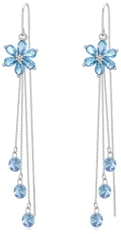 VONALA Hängend Ohrringe 925 Sterling Silber Blume/Perlen/Schmetterling Durchzieher Ohrringe Tropfen Baumeln Ohrringe für Damen Geburtstag Geschenk (blaue Blume)