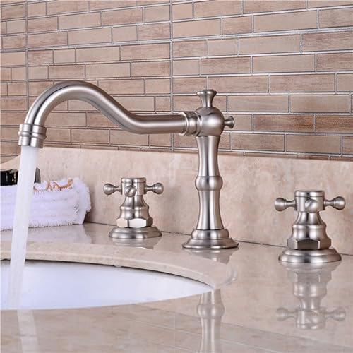 ZYCDP Wasserhahn Bad 3 Loch Zweigriff Waschtischarmatur Retro Bad Mischbatterie Kaltes und Heißes für Badezimmer, Gebürstet
