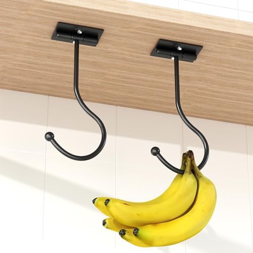 2-Pack Banana Hook Under Cabinet - Metal Hanger With Adhesive, Foldable With Magnets, Kitchen Rack to Keep Bananas Fresh
