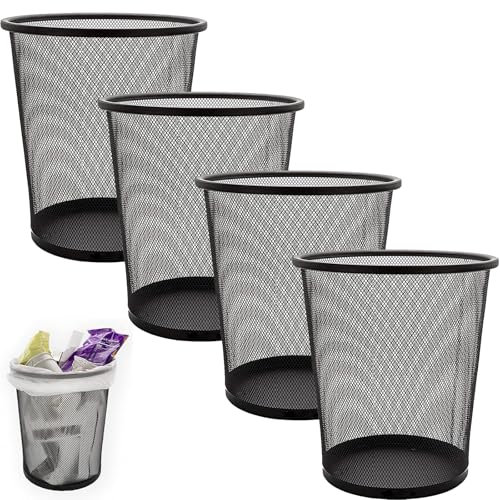 SENENQU 4 Piezas Papelera Oficina Metal Negro, 12L Cubo Basura Malla Metálica, Pequeña Papelera Escritorio para Dormitorio Baño - 26.5 x 23.5 x 18.8 CM​​