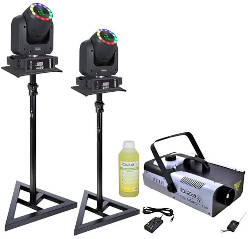 Ibiza - 2 Stück LED RGB Ibiza Light E-SPOT100 100 W – 2 Standfüße SST02 – Rauchmaschine 900 W – Pro Party Geburtstag DJ