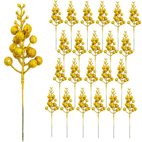 floenam 22 Pack Gold Christmas Glitter Berry Stems, 8 Inch Artificial Christmas Filler Berries Picks for Christmas Tree Decorations, Xmas Christmas Tree Filler Picks Decorations