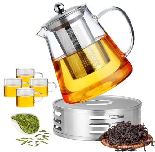 Gohytal Glas Teekanne und Stövchen Set mit 4 Gläser, 1300ml Teebereiter mit Sieb und Teewärmer Kaffeekannen Tee Maker Set für Tee Grüner, Tee Fruchttee Blühende, Lose Blatt Geschenk