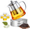 Gohytal Glas Teekanne und Stövchen Set mit 4 Gläser, 1300ml Teebereiter mit Sieb und Teewärmer Kaffeekannen Tee Maker Set für Tee Grüner, Tee Fruchttee Blühende, Lose Blatt Geschenk