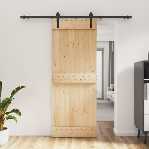Gecheer Set Porta,Scorrevole,del Granaio,con Kit Binario,Se Hardware,Ferramenta,in Legno di Pino,Nero e Naturale,80x210 cm,Binario 200 cm,B,Porta del Granaio Sorrevole con Kit Binario