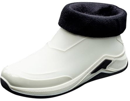 SRTUMEY Stivali di gomma corti da uomo, invernali corti impermeabili in cotone, lavabili e foderati, termici, alla moda, per lavoro, pesca, cucina, antiscivolo, caldi stivali da pioggia, bianco, 39